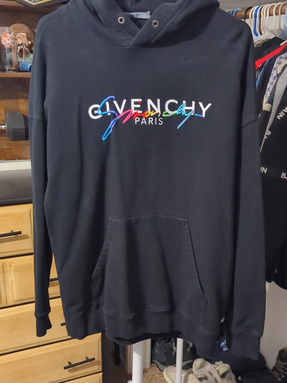 Authentic Givenchy Black Hoodie with Rainbow Script Logo Size M